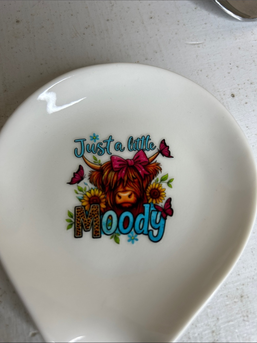 Ceramic Spoon Rest with 'Just a Little Moody' Cow Illustration - White - Picture 5 of 5